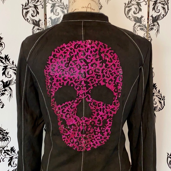 🍀 NWT! Faux Suede Bling Leopard Skull Jacket! - Picture 5 of 11